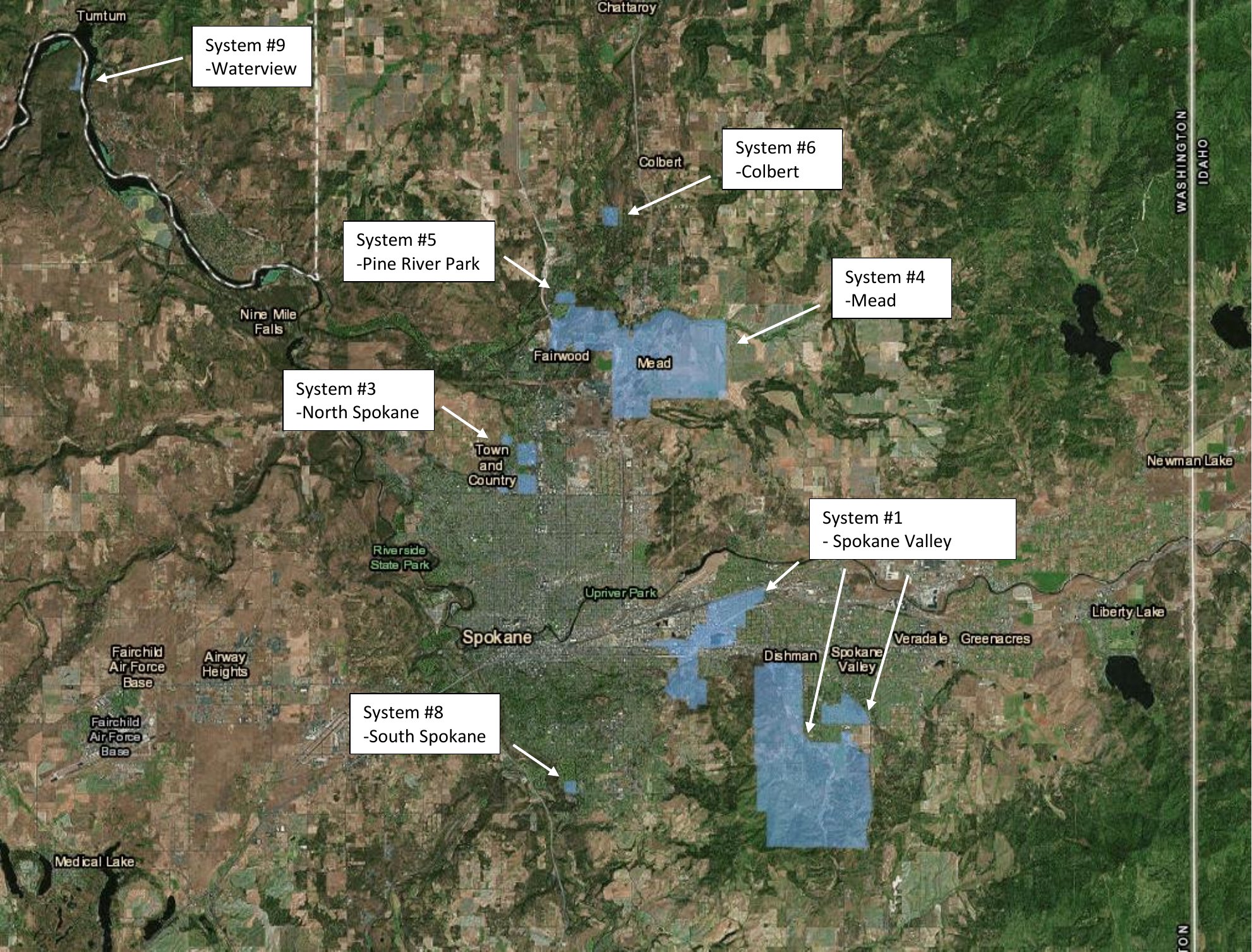 Map of Spokane County Water District No. 3 water systems, with each service area shaded in blue. The systems are described in the list above.